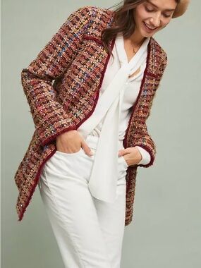 Anthropologie Multicolor Tweed Blazer with Burgundy Trim